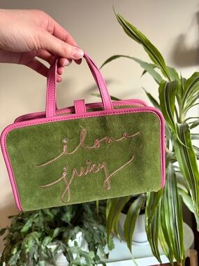 Juicy Couture Green Velour 'I Love Juicy' Pink Trim Makeup Bag